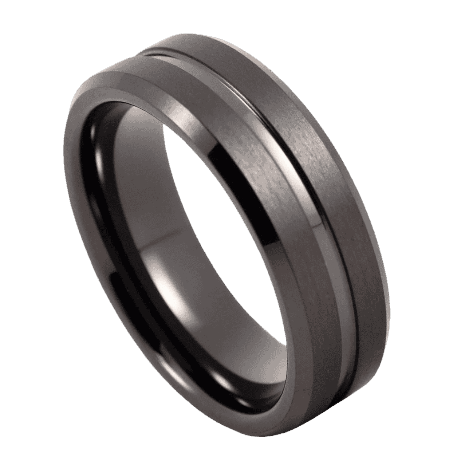 A close up of a gunmetal grey ring on a white background. Made with tungsten, the ring features two brushed sections and a smooth polished groove.