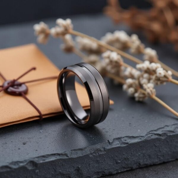 The Stealth gunmetal grey tungsten ring for men, ideal as a wedding or promise ring with custom engraving.