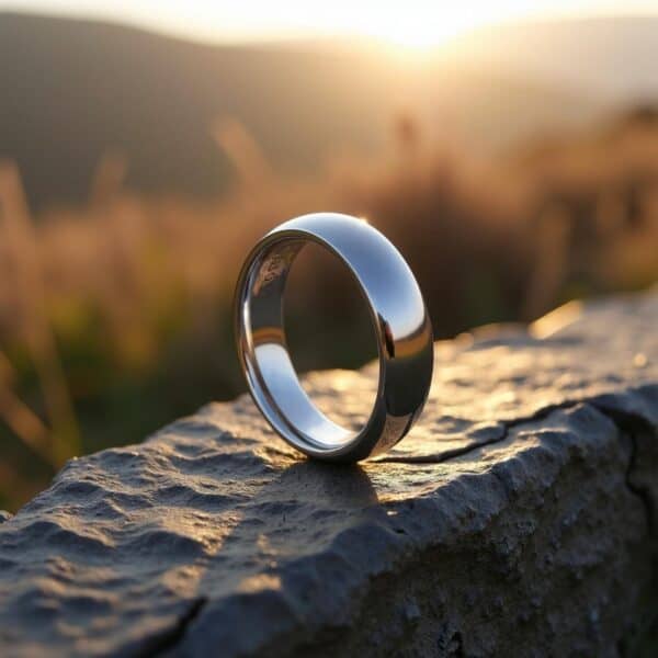 A white gold mans ring made with tungsten. Well suited as a mans promise or eternity ring. Add a custom ring engraving.