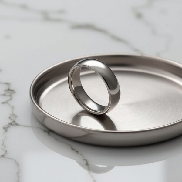 An engagement ring for him or an elegant mens wedding band. A white gold tungsten ring for gents. Slightly domed for elegant effect.