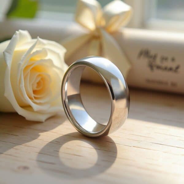 Wedding ring for gents. A white gold tungsten ring for males. Add your own custom ring engraving.