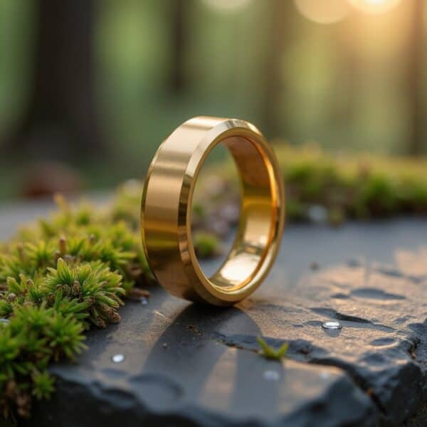 Add a custom ring engraving to this stunning mens gold ring made with tungsten. Durable and tough mens wedding ring or fashion statement ring.