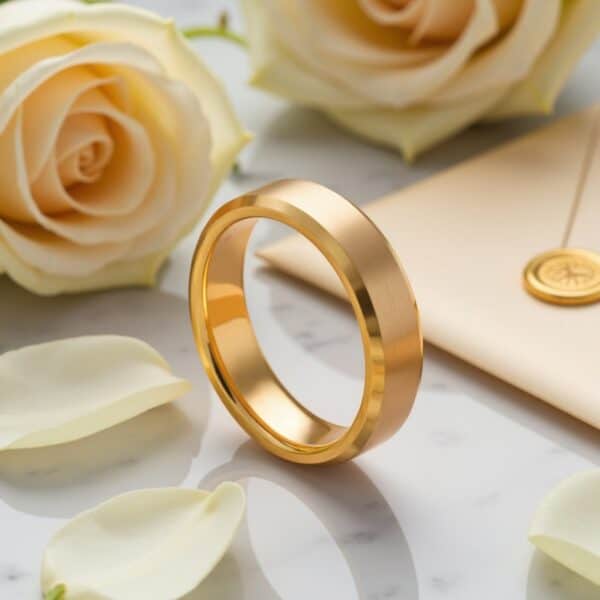 Featuring a contrast of brushed and polished gold tungsten, this is a magnificent mens wedding ring or engagement ring.