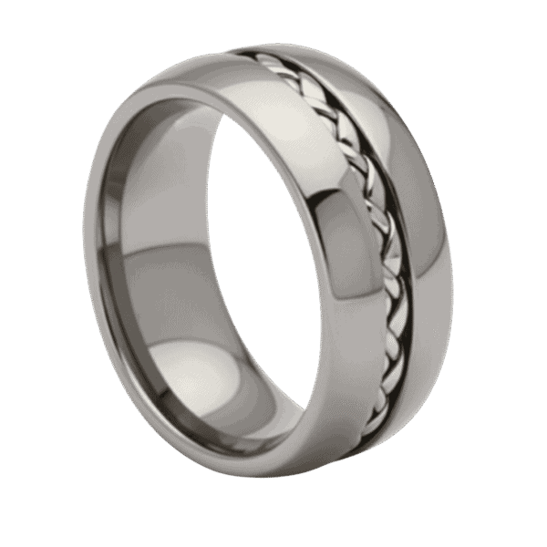 Fashion ring for men in silver tungsten with braided groove, doubles as a wedding band or anniversary ring for guys.