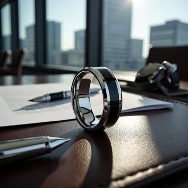 Fashion ring for guys, polished black and silver tungsten band, versatile as a wedding or eternity ring.