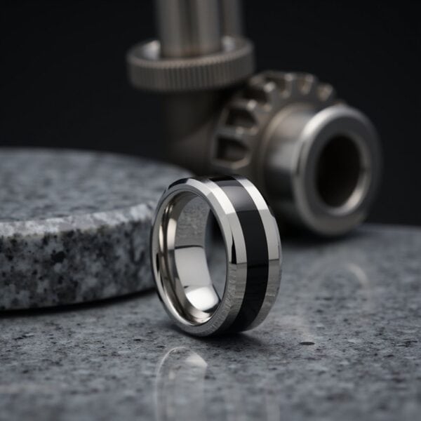 Black and silver tungsten ring with polished bevelled edges, designed as a male wedding band or statement ring for gents.