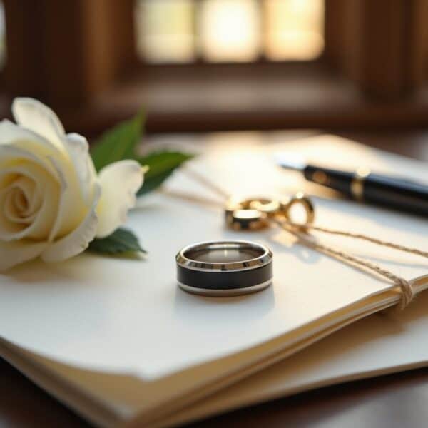 Bold statement ring for men, black and silver tungsten wedding band with custom engraving.