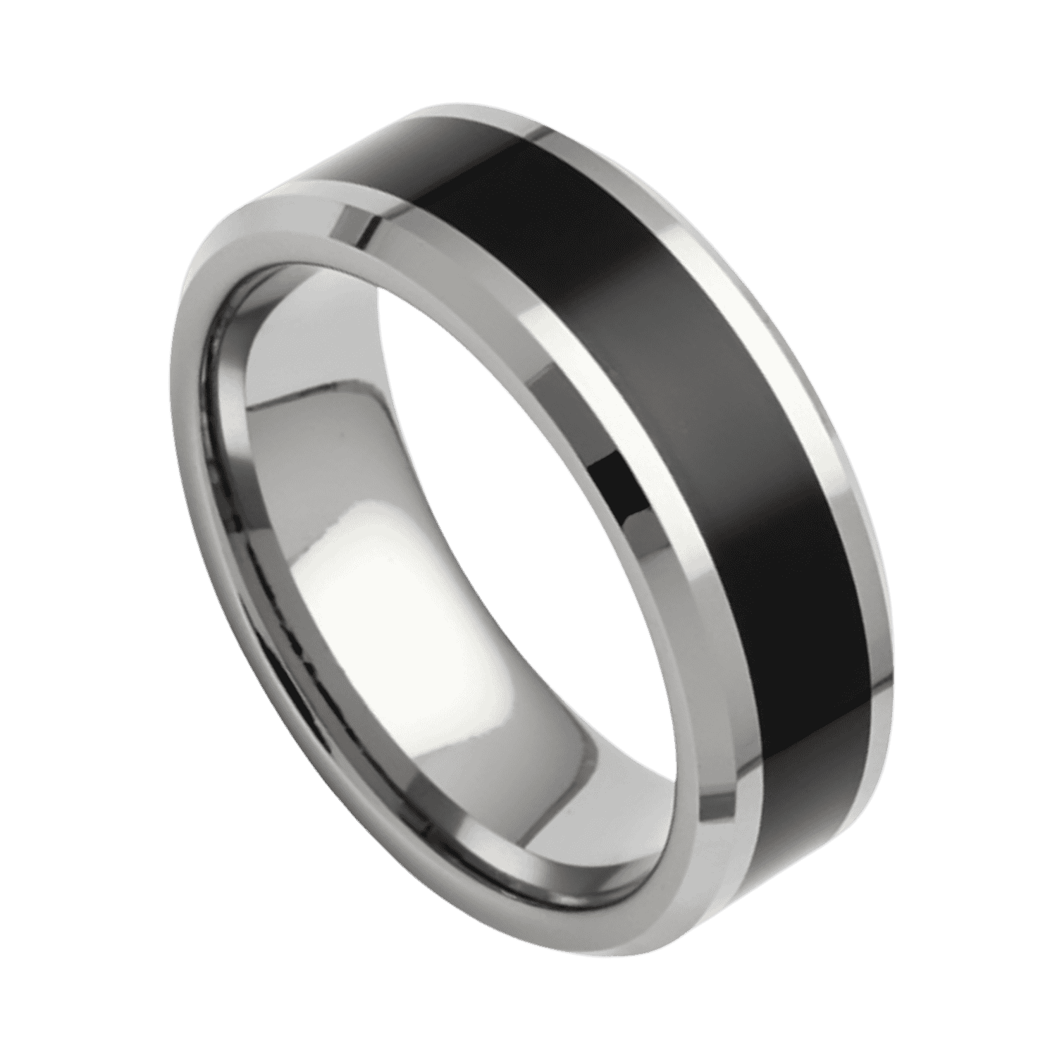Mens tungsten wedding band, black ring with polished silver bevelled edges, ideal engagement ring or statement ring for him