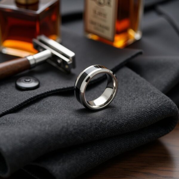 Silver and black tungsten promise ring for men, stylish male wedding band or gents eternity ring.