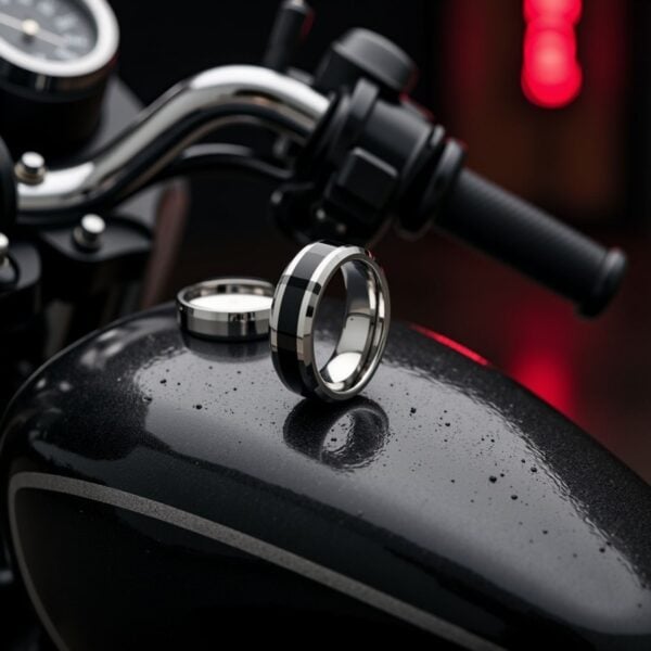 Tungsten ring with polished black centre and silver edges, mens wedding band with personalised engraving.