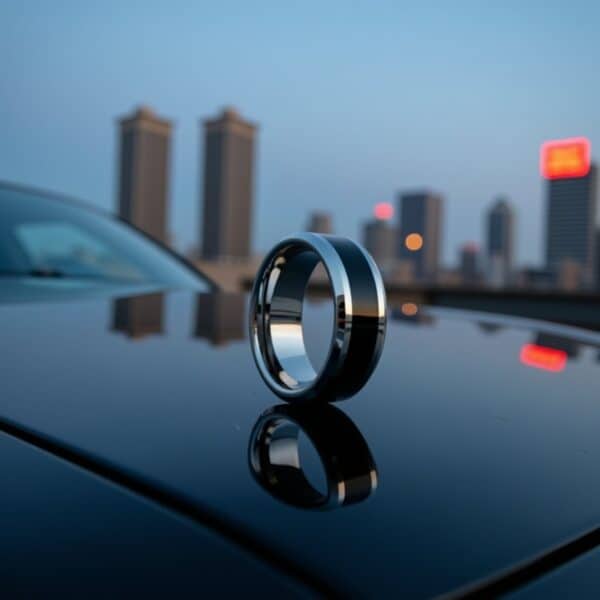 Silver and black ring for men with polished finish, ideal wedding band, eternity ring, or personalised fashion ring.