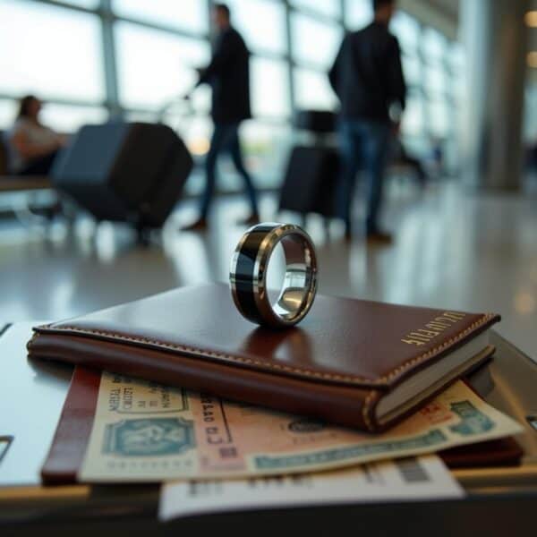 Gents eternity ring in black and silver tungsten, perfect as a wedding band, promise ring, or engraved fashion ring.