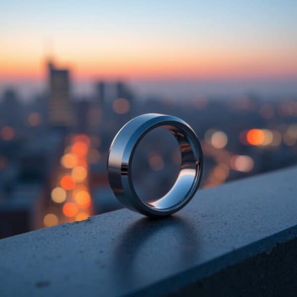 Men’s tungsten eternity band with brushed white gold finish. With a brushed centre section and polished bevelled edges