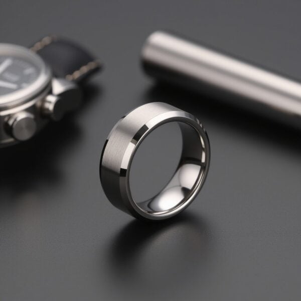 Tungsten male ring in white gold with bevelled polished edges. Ideal as a mens engagement ring, or wedding band for gents.