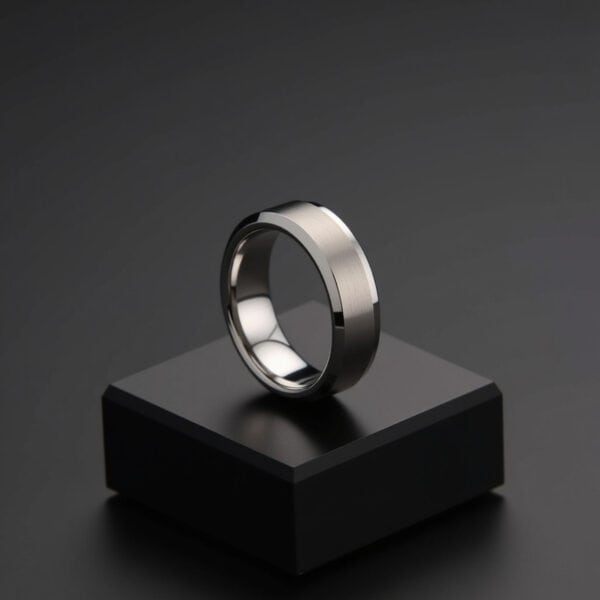 White gold tungsten men’s engagement ring with engraving option. With contrasting brushed and polished sections, this is a stylish and elegant ring for men