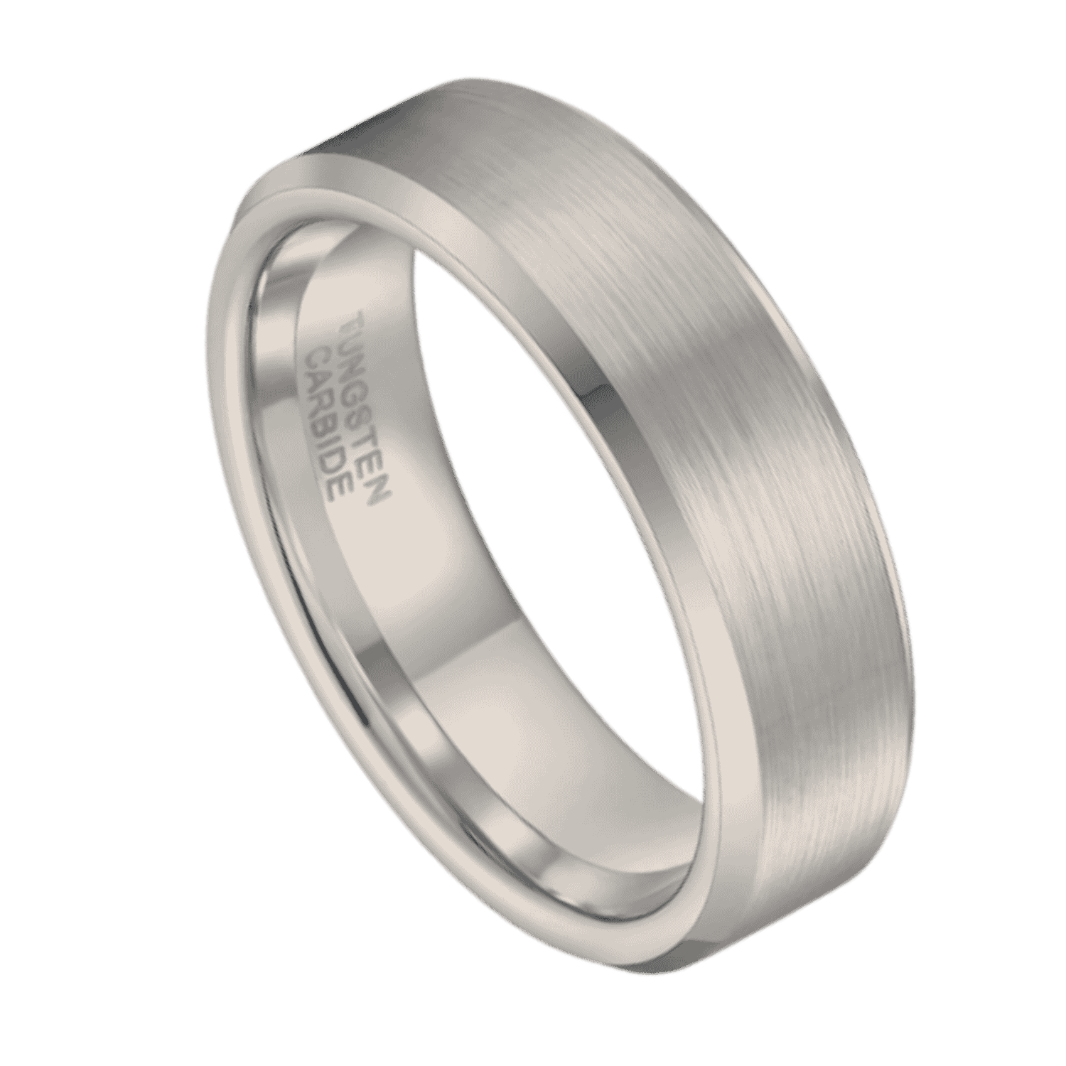 White gold tungsten men’s wedding band with brushed centre and polished bevelled edges