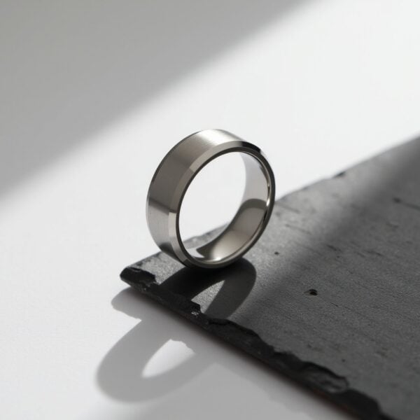 White gold tungsten ring for him with polished bevelled edges and brushed centre. Perfectly suited as a mens wedding band or engagement ring