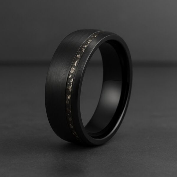 The Drift black meteorite tungsten ring for men, durable wedding or anniversary band with engraving.