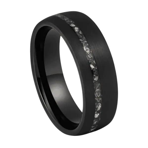 A brushed black tungsten ring for men featuring a groove of faux meteorite, elegant gents wedding band with custom engraving.