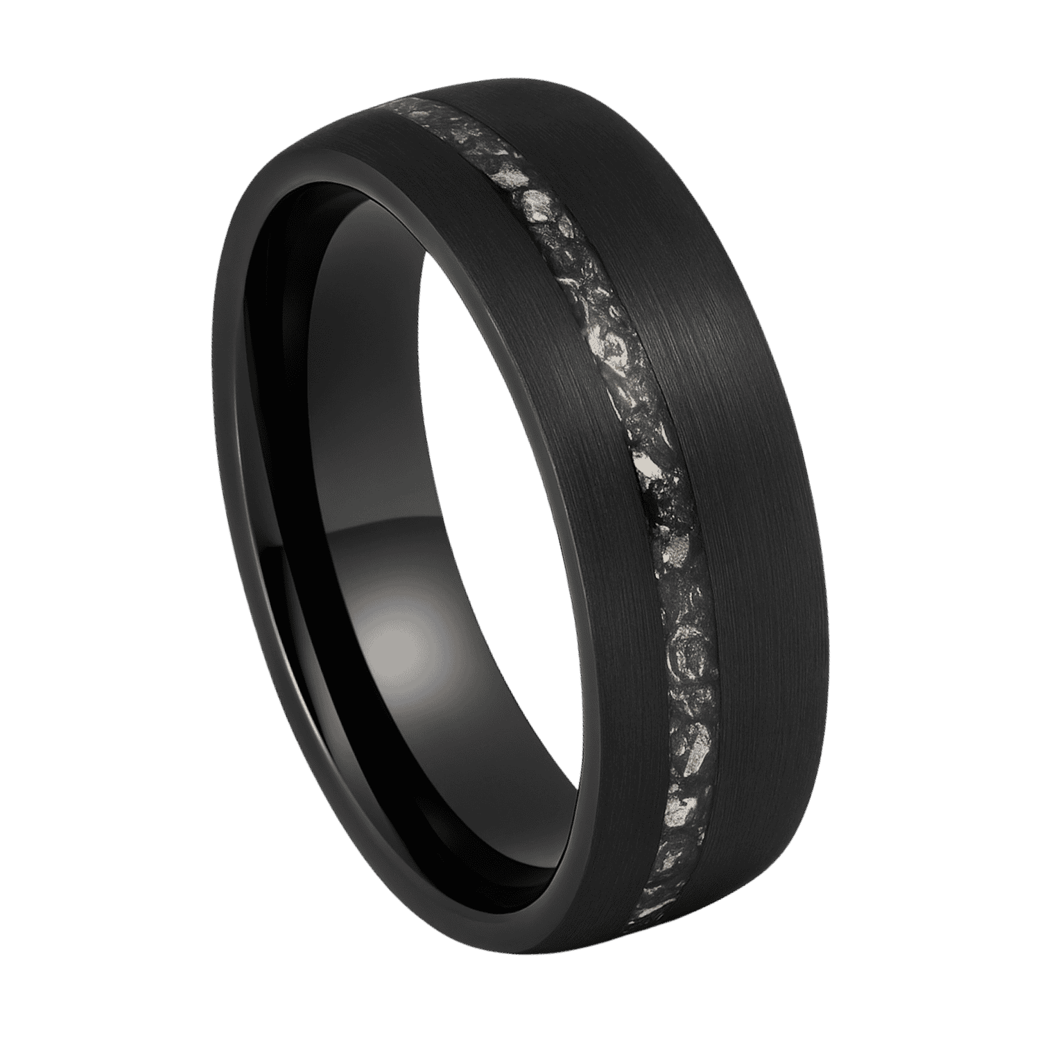 A brushed black tungsten ring for men featuring a groove of faux meteorite, elegant gents wedding band with custom engraving.
