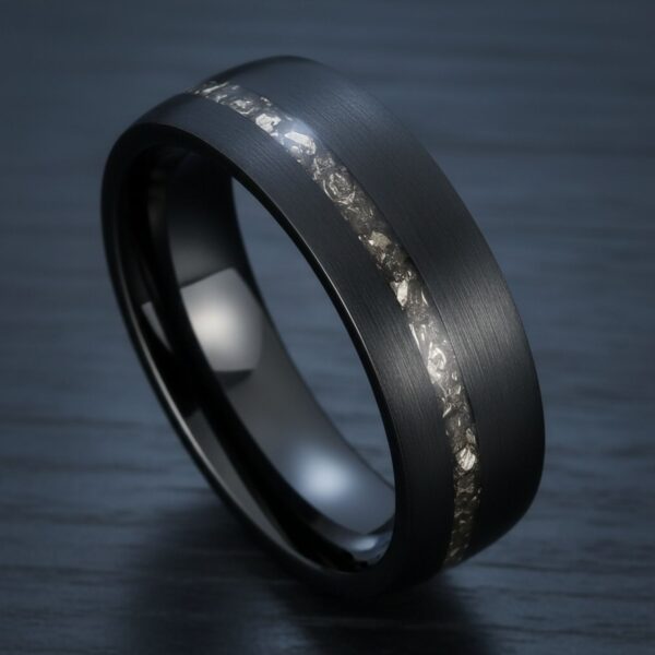 Brushed black tungsten ring for men with faux meteorite inlay, durable gents eternity or statement ring.