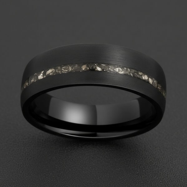 Mens black tungsten meteorite ring, stylish brushed band suitable for wedding, engagement or promise