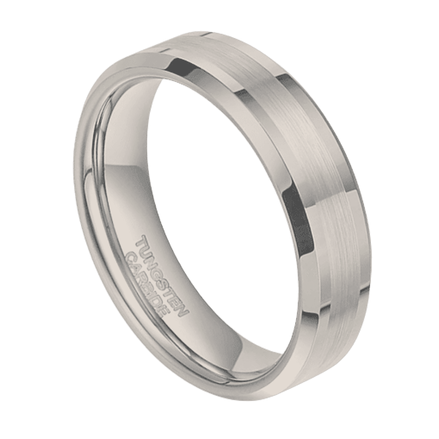 A brushed white gold tungsten men’s wedding band with polished bevelled edges and engraving option.