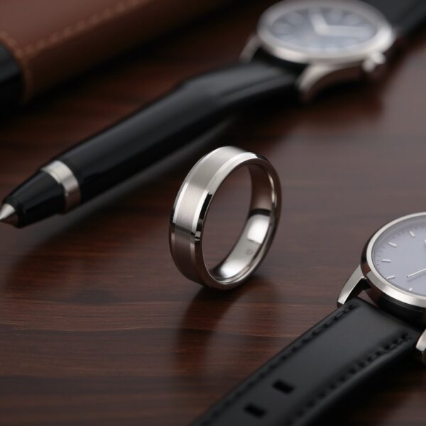 Polished and brushed white gold tungsten men’s ring designed as a stylish wedding or eternity band.