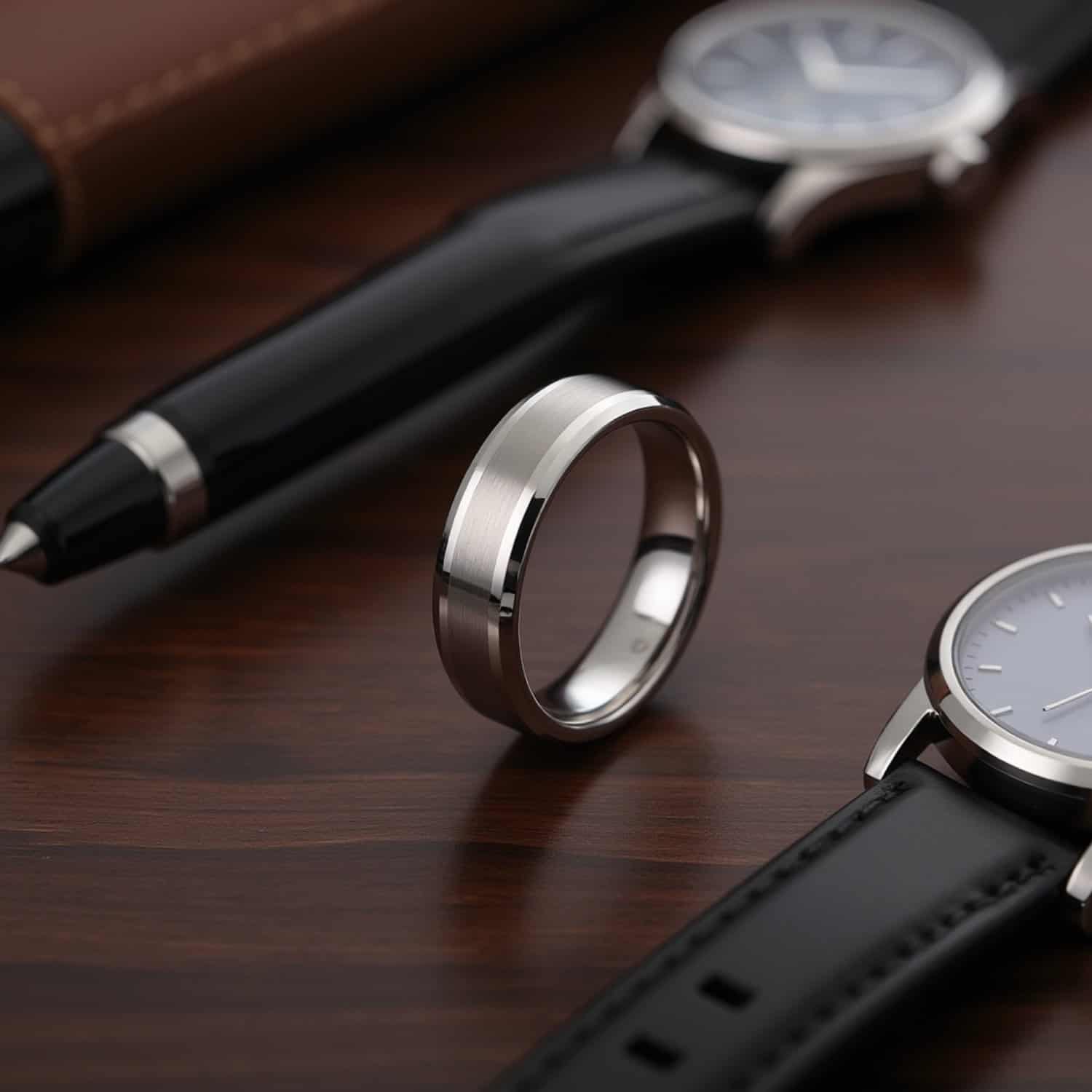 Polished and brushed white gold tungsten men’s ring designed as a stylish wedding or eternity band.