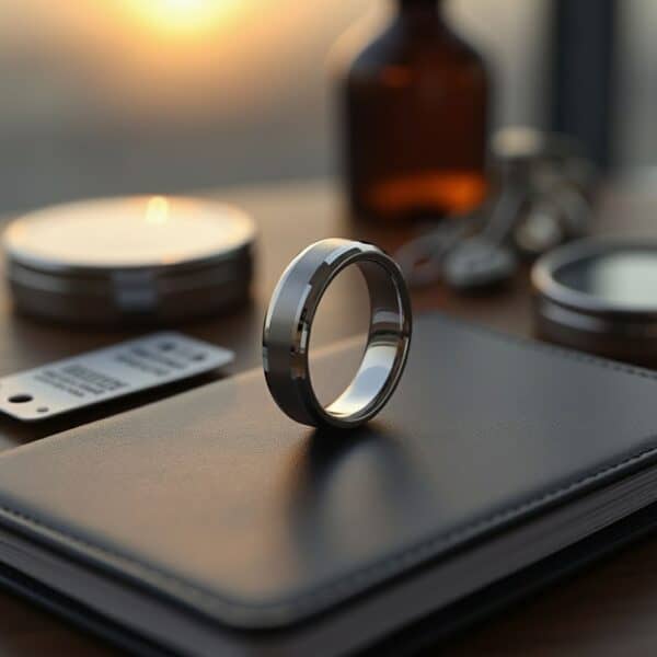 White gold tungsten men’s wedding ring with brushed and polished detailing, designed for durability and custom engraving.