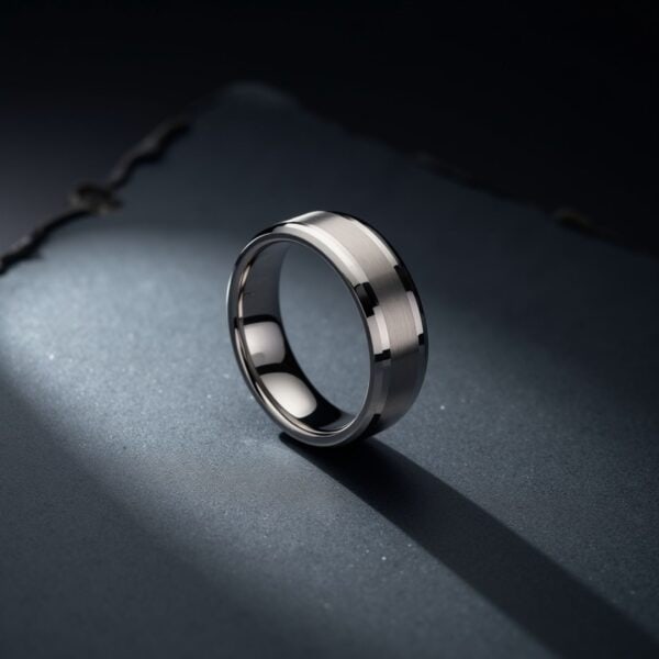 Men’s white gold tungsten promise ring with a brushed finish and polished bevelled edges, suitable for engraving.