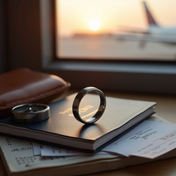 Slim brushed silver 4mm titanium ring for men, lightweight wedding band or fashion ring with option for custom engraving.