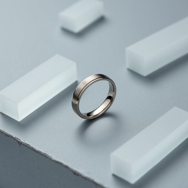 Brushed silver titanium ring for men in 4mm slim style, elegant gents wedding band or eternity ring with polished edges.