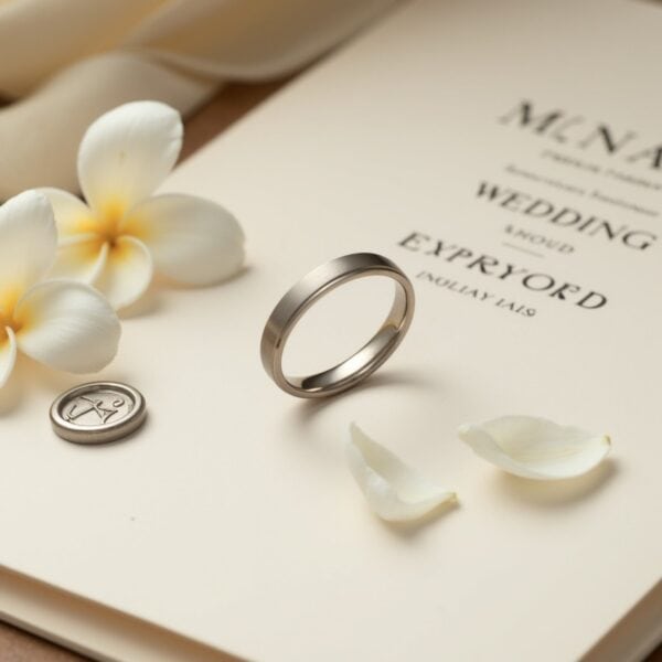 Modern brushed silver titanium ring for men, 4mm thin wedding band or eternity ring with personalised engraving.