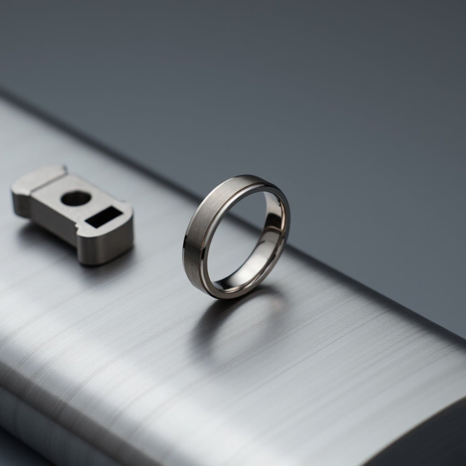 Polished silver titanium ring for men, slim 4mm gents wedding band or eternity ring with personalised engraving option.