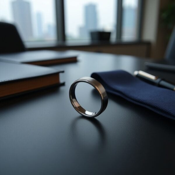 Slim silver titanium 4mm ring for men, modern male wedding band or promise ring with option for custom engraving.