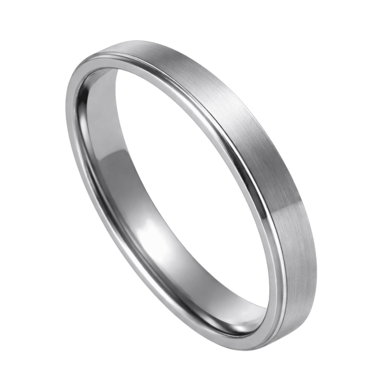 A close up image of a slim style ring for men. This is a silver titanium ring. It has a brushed centre section and stepped polished edges.