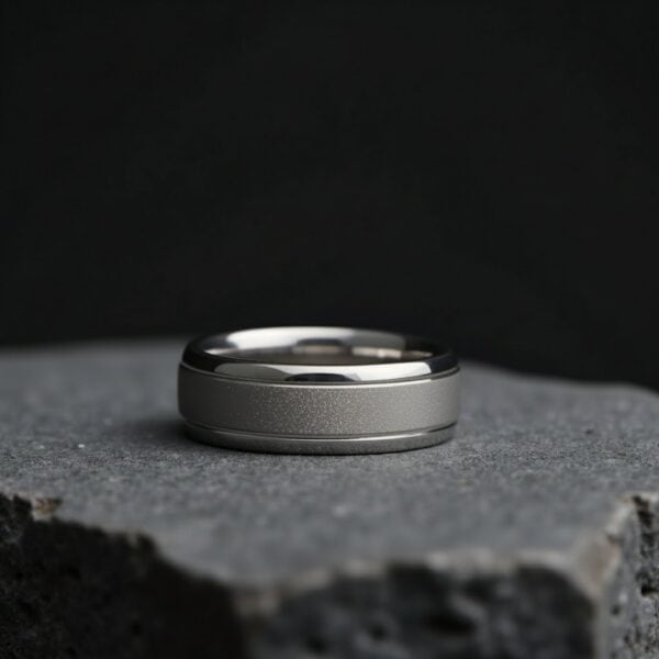 Gents domed white gold tungsten ring with sandblasted centre, perfect as a wedding band, eternity ring, or statement ring.