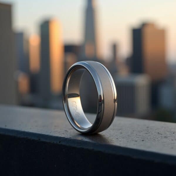 Gents white gold tungsten ring with sandblasted centre, polished finish, ideal as eternity ring, promise ring, or engraved band for him.