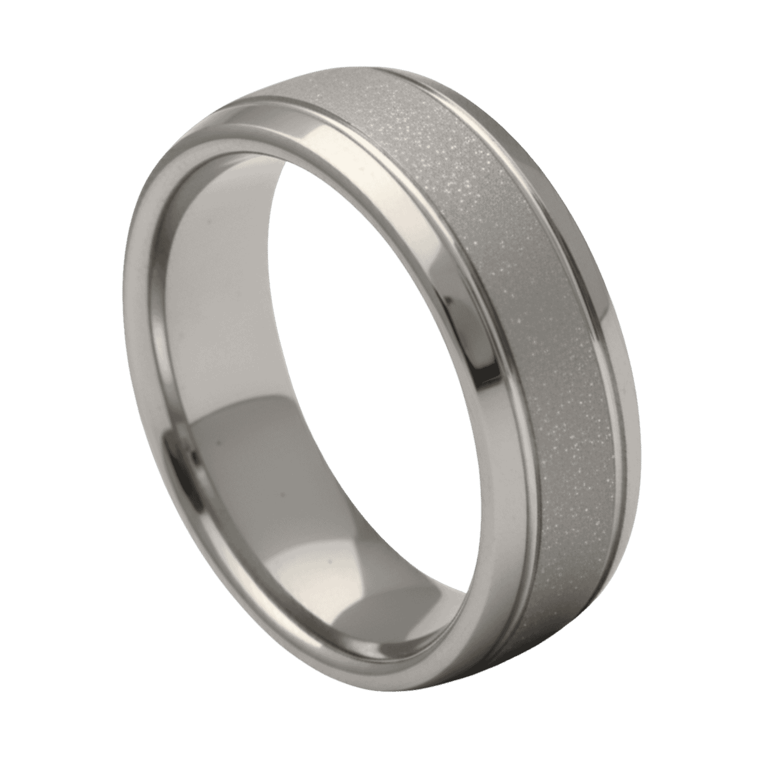 A domed white gold mans tungsten ring with polished edges and a sandblasted centre, ideal as a mens wedding band or engagement ring