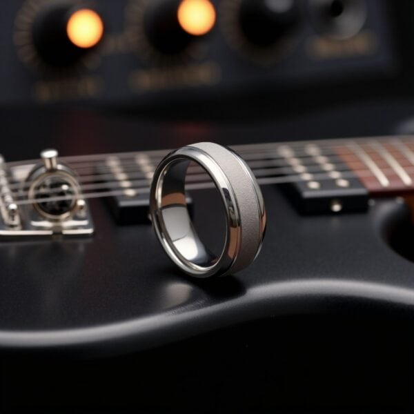 Mans tungsten ring in white gold with sandblasted centre, suited as a wedding band or eternity ring with personalised engraving.