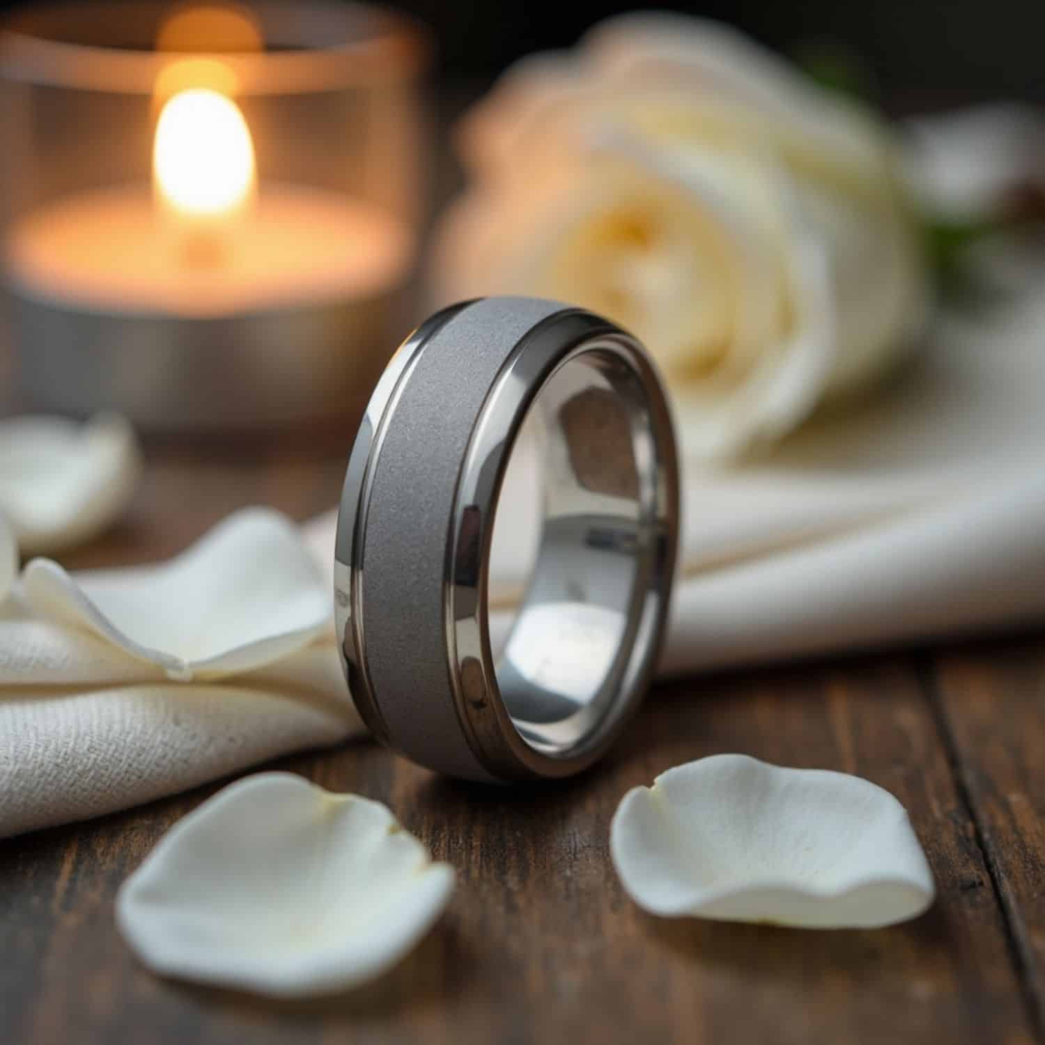 White gold tungsten ring for men with sandblasted centre, designed as a versatile wedding band, promise ring, or statement ring.