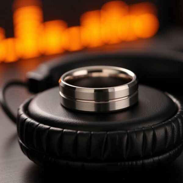 Mens tungsten ring in white gold with polished bevelled edges, elegant eternity and promise ring for guys.