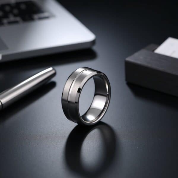 Mens white gold tungsten wedding band with brushed and polished sections, elegant gents ring for him.