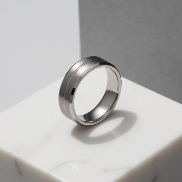 Tungsten white gold ring for men with polished and brushed design, gents wedding band with engraving.