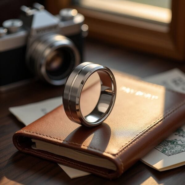 Tungsten white gold ring for men with polished groove, durable eternity and promise ring for gents.