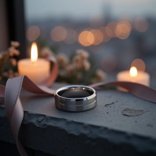 White gold tungsten male ring with polished groove and brushed design, sleek engagement or eternity band.