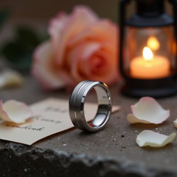 This is a white gold tungsten mens ring with polished centre and brushed edges, fashion statement band.