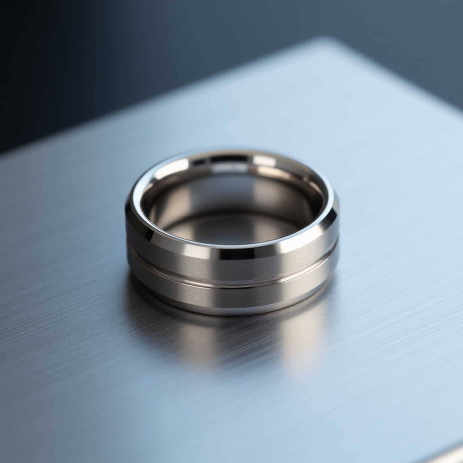 White gold tungsten ring for him, classic polished mens wedding band and stylish statement ring.