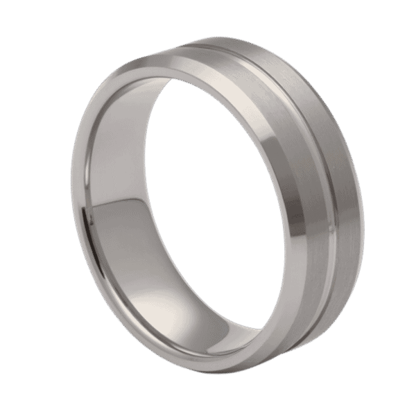 White gold tungsten ring for men with polished groove and brushed detail, elegant mens wedding band with custom engraving.